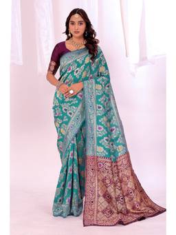 Nyri - Teal New Trendy Wedding And Festival Wear Silk Blend Banarasi Woven Designer Saree