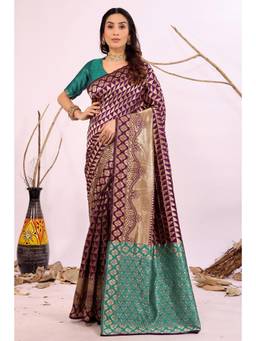 Nyri - Wine New Trendy Wedding And Festival Wear Silk Blend Banarasi Woven Designer Saree