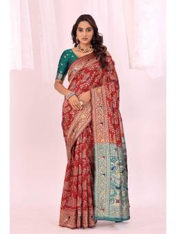 Nyri - Maroon New Trendy Wedding And Festival Wear Silk Blend Banarasi Woven Designer Saree