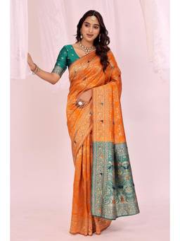 Nyri - Orange New Trendy Wedding And Festival Wear Silk Blend Banarasi Woven Designer Saree