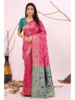 Nyri - Pink New Trendy Wedding And Festival Wear Silk Blend Banarasi Woven Designer Saree