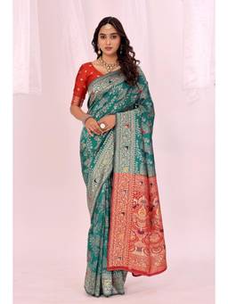 Nyri - Teal New Trendy Wedding And Festival Wear Silk Blend Banarasi Woven Designer Saree