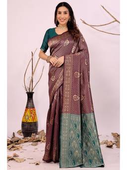 Nyri - Wine New Trendy Wedding And Festival Wear Silk Blend Banarasi Woven Designer Saree