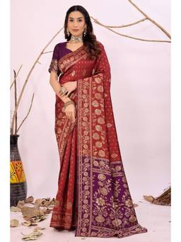 Nyri - Maroon New Trendy Wedding And Festival Wear Silk Blend Banarasi Woven Designer Saree