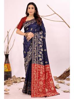 Nyri - Navy Blue New Trendy Wedding And Festival Wear Silk Blend Banarasi Woven Designer Saree