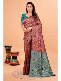 Nyri - Maroon New Trendy Wedding And Festival Wear Silk Blend Banarasi Woven Designer Saree