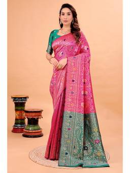 Nyri - Pink New Trendy Wedding And Festival Wear Silk Blend Banarasi Woven Designer Saree