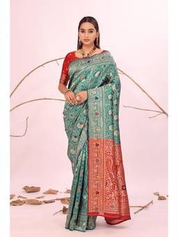 Nyri - Teal New Trendy Wedding And Festival Wear Silk Blend Banarasi Woven Designer Saree