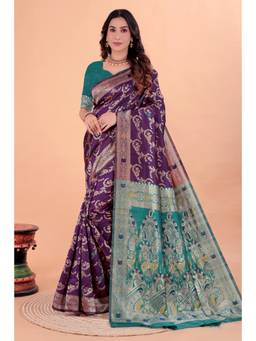 Nyri - Purple New Trendy Wedding And Festival Wear Silk Blend Banarasi Woven Designer Saree