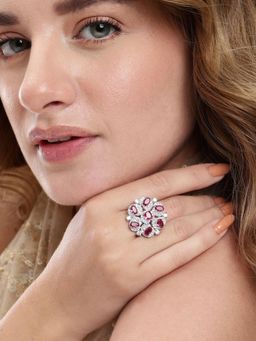 Gahan - Ad Silver Plated Rani Pink Finger Ring for Women (Adjustable)