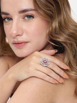 Gahan - Ad Silver Plated Rani Pink Finger Ring for Women (Adjustable)
