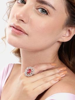 Gahan - Ad Silver Plated Rani Pink Finger Ring for Women (Adjustable)
