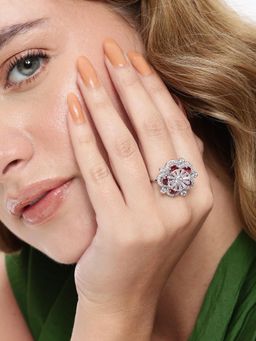 Gahan - Ad Silver Plated Rani Pink Finger Ring for Women (Adjustable)