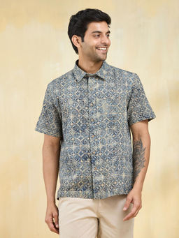 Fabindia - Blue Cotton Kalamkari Printed Regular Shirt