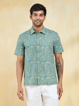 Fabindia - Green Cotton Hand Block Printed Regular Shirt