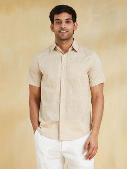 Fabindia - Beige Cotton Hand Block Printed Slim Fit Shirt