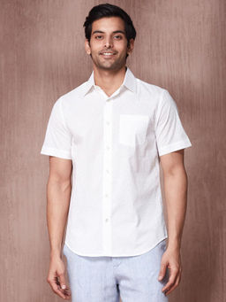 Fabindia - White Cotton Hand Block Printed Slim Fit Shirt