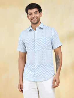 Fabindia - White Cotton Hand Block Printed Slim Fit Shirt
