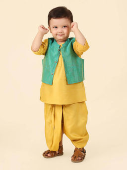 Fabindia - Boys Yellow Viscose Rayon Kurta Jacket with Dhoti Pants (Set of 3)