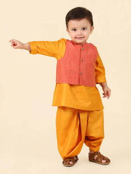 Fabindia - Boys Orange Viscose Rayon Kurta Jacket with Dhoti Pants (Set of 3)
