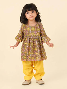 Fabindia - Girls Green Printed Cotton Kurta with Salwar (Set of 2)
