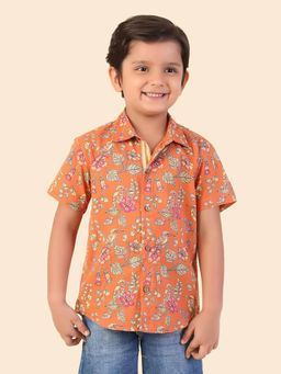 Fabindia - Boys Orange Spread Collar Short Sleeves Shirt