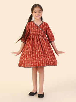 Fabindia - Girls Red Printed V-Neck A-Line Dress