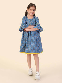 Fabindia - Girls Navy Blue Printed Round Neck A-Line Dress
