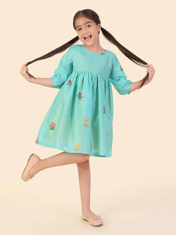 Fabindia - Girls Blue Printed Round Neck Fit and Flare Dress