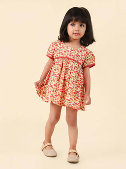 Fabindia - Girls Red Printed Round Neck Fit and Flare Dress