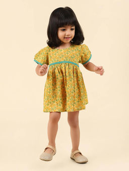 Fabindia - Girls Yellow Printed Round Neck A-Line Dress