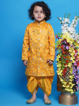 Little Bansi - Mulberry Silk Sherwani with Dhoti - Yellow (Set of 2)