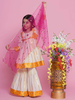Little Bansi - Golden Kurta Sharara with Attached Jacket Dupatta - White (Set of 3)