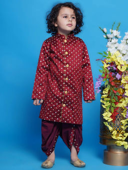 Little Bansi - Mulberry Silk Sherwani and Dhoti - Maroon (Set of 2)