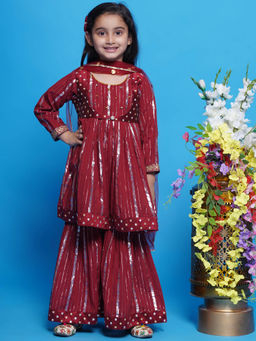 Little Bansi - Silver Kurta Sharara with Attached Jacket and Dupatta - Maroon (Set of 3)