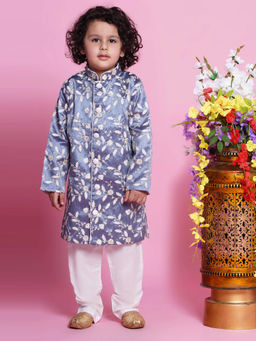 Little Bansi - Mulberry Silk Sherwani and Pyjama - Grey (Set of 2)