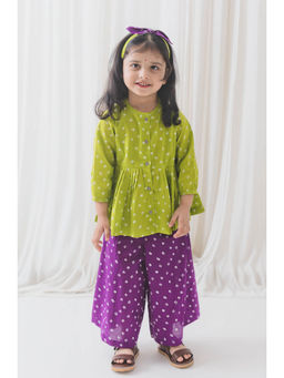 TIBER TABER - Girls Bandhani Green Top with Culotte and Headband (Set of 3)