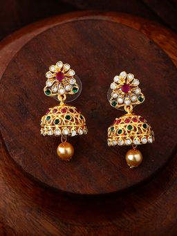 Estele - Gold Plated Cz Intricate Jhumki Earrings With Pearl And Multi Color Crystal For Women