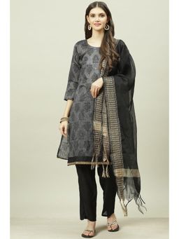 Biba - Grey Chanderi Unstitched Suit (Set of 3)