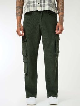 Bewakoof - Men's Dark Olive Green Straight Fit Cargo Corduroy Pants