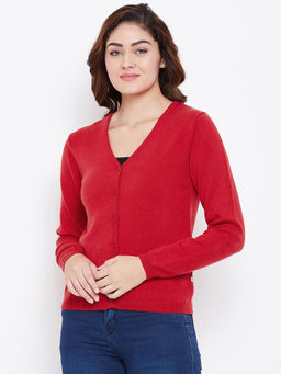 Madame - Solid V Neck Casual Women Red Sweater