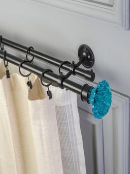The Decor Mart - 48"-88" Blue Bloom Finial Extendable Double Curtain Rod Black 19Mm (Hardware Included)
