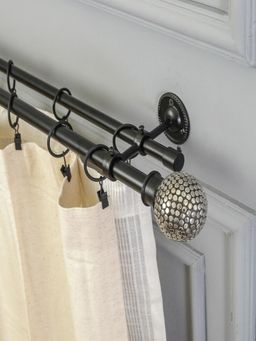 The Decor Mart - 48"-88" Silver Stud Ball Extendable Double Curtain Rod Black 19Mm (Hardware Included)