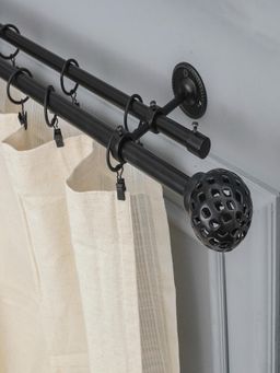 The Decor Mart - 84"-144" Perforated Black Metal Finial Extendable Double Curtain Rod Black 19Mm