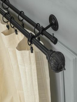 The Decor Mart - 48"-88" Conch Wood Finial Extendable Double Curtain Rod Black 19Mm (Hardware Included)