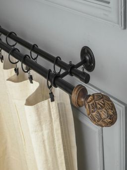 The Decor Mart - 48"-88" Carved Mughal Wood Finial Extendable Double Curtain Rod Black 19Mm (Hardware Inc.)