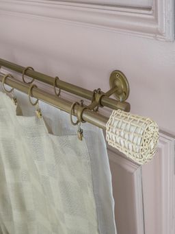 The Decor Mart - 48"-88" White Distressed Cane Wrap Finial Extendable Single Double Curtain Rod Beige 19Mm