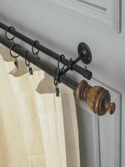 The Decor Mart - 84"-144" Carved Brown Wood Finial Extendable Double Curtain Rod Black 19Mm (Hardware Inc.)