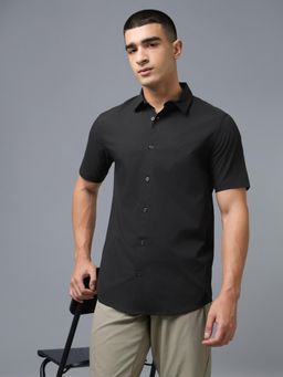 Technosport - Black Men Solid Slim Fit Spread Collar Casual Shirt with TS LYTRA