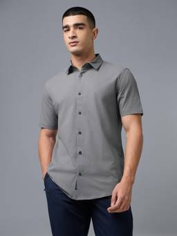 Technosport - Grey Men Solid Slim Fit Spread Collar Casual Shirt with TS LYTRA